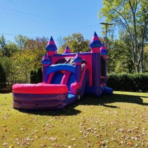 front of inflatable dual lane pink castle slide Combo